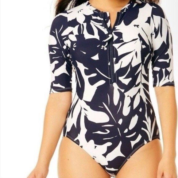 Anne Cole Other - ANNE COLE Long Sleeve One-Piece Rash Guard Swimsuit Tropical Navy White Sz 8